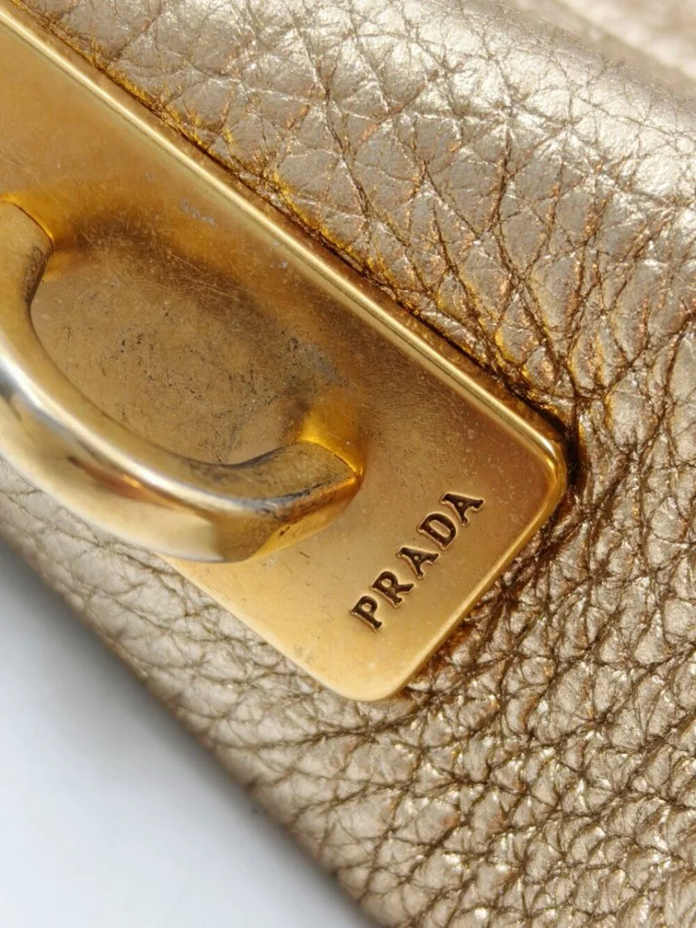 Prada Vitello Daino Metallic Gold Pebbled Leather Satchel Bag